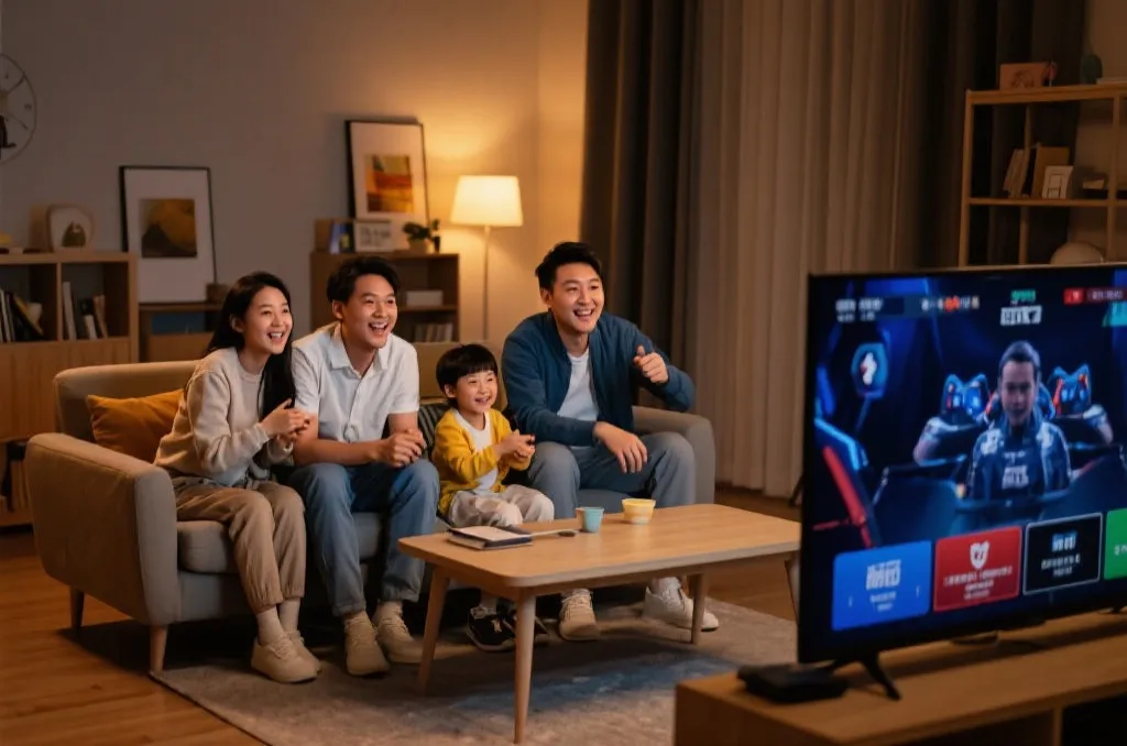 家庭观众一起观看电竞赛事，气氛和谐